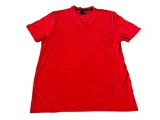 G by Guess Men's T-Shirt Large V-Neck Red Short Sleeve Gray Stripe Pocket