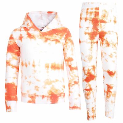 Kinder Batik Kapuzen Top & Legging Set Orange Active Wear Mädchen Alter 5-13 Jahre