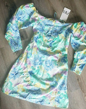 ZARA size XS Women ruched green floral off the shoulder long sleeve mini dress