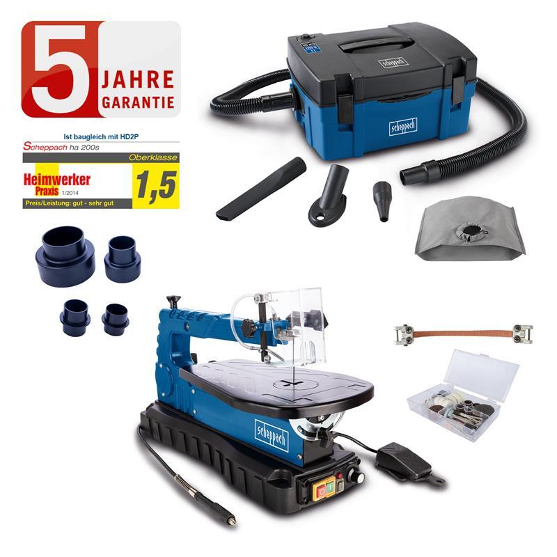 Deko Säge Mit Absaugung HD2P Scheppach Dekupiersäge DECO MAX 405mm + HD2P Absaugsystem – 64-teiliges Set, Flexible Welle, 90W