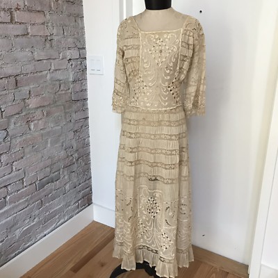Antique Vintage Lace Day Dress 19C Embroidery Beige Lace Square Neckline S  | eBay