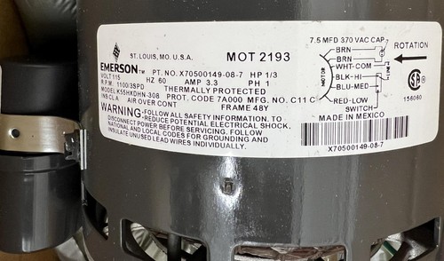 Emerson MOT2193, Fan Coil Motor, 1/3 HP, 115 V, 60 Hz, 1100 RPM, K55HXDHN-308 - Picture 4 of 10