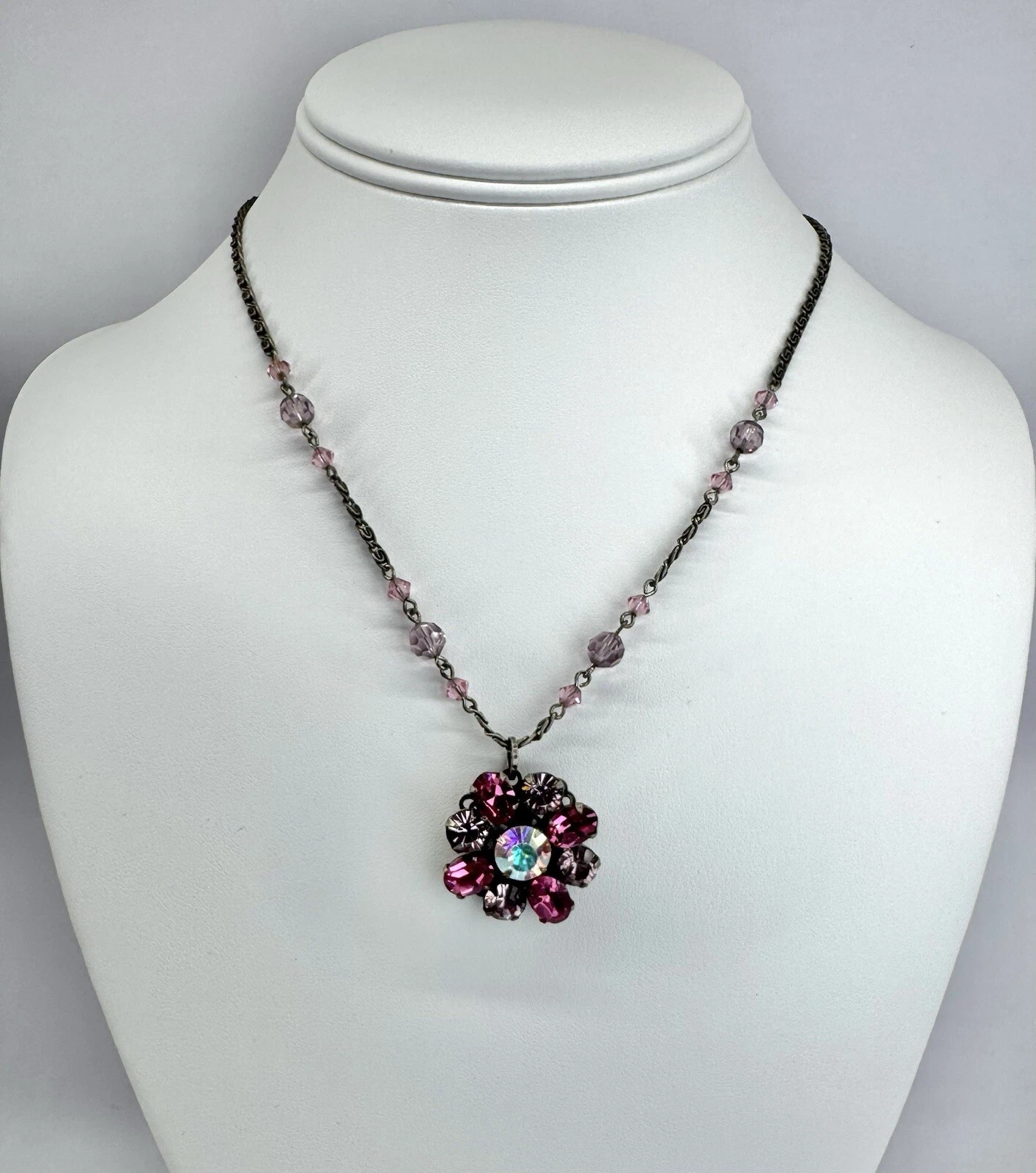 LIZ PALACIOS Brass Pink Swarovski Crystal Bead Floral Vintage Necklace N16