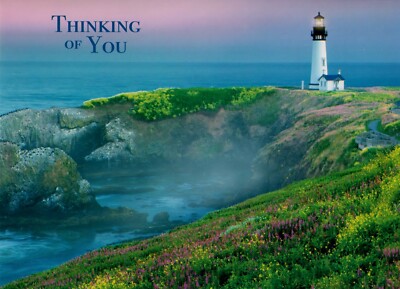 Thinking Of You White Lighthouse Seascape Flowers Ocean  Greeting Card