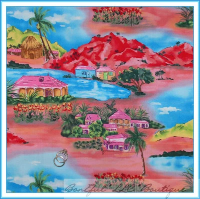 BonEful Fabric FQ Cotton Quilt Scenic Tropical Island Beach Vacation Palm Tree L - Image 1 of 4