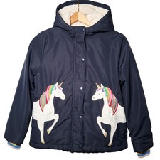 Mini Boden Girls 9-10 Coat Jacket Faux Sherpa Lined Rainbow Unicorn Blue READ