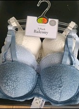 Primark Cares 3 Pack Balcony Bras 34E Lace Blue/White Hook & Eye
