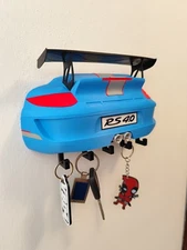 Sports Car Key Holder with Spoiler – Blue Racing Inspired Wall Mount Key Rack –