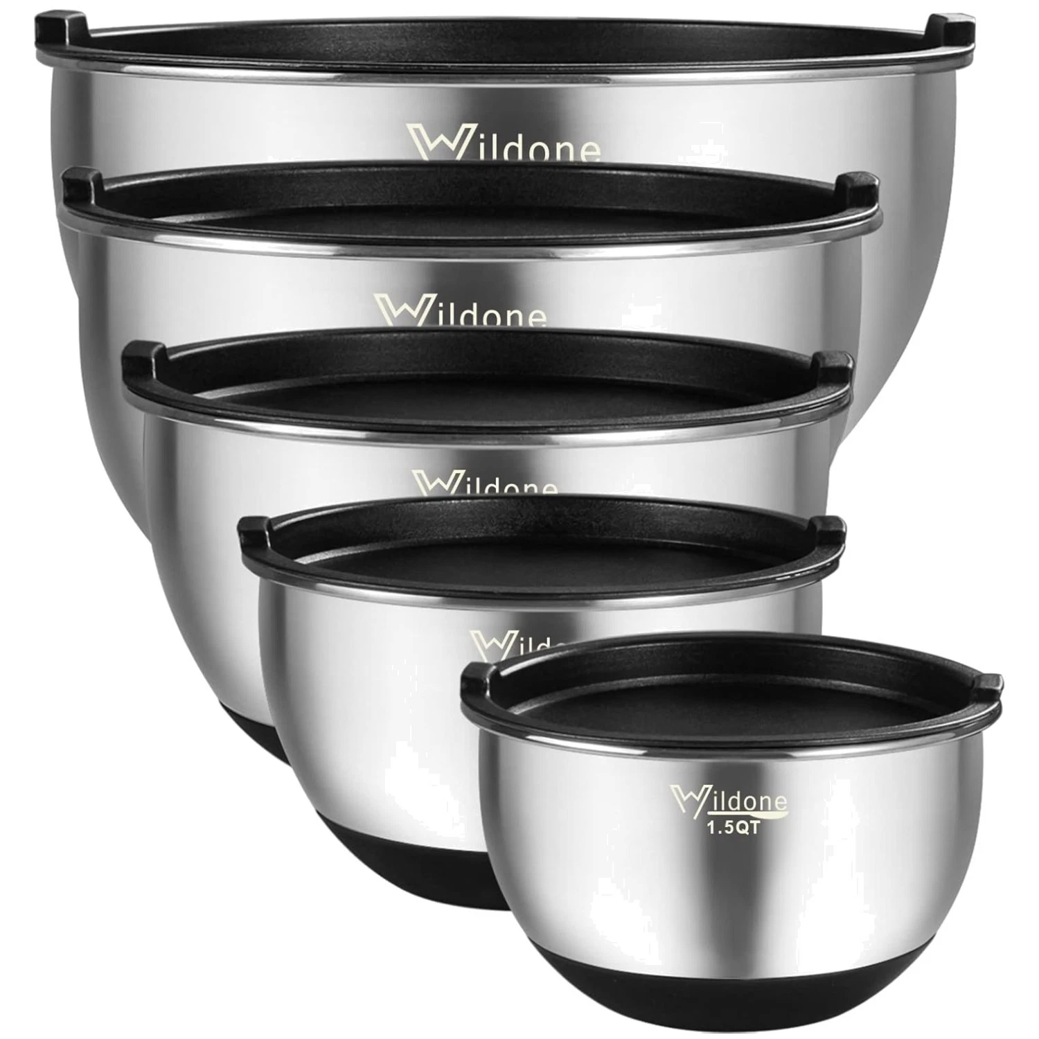 Set of 5 Stainless Steel Mixing Bowls with Airtight Lids—8QT to 1.5QT Sizes