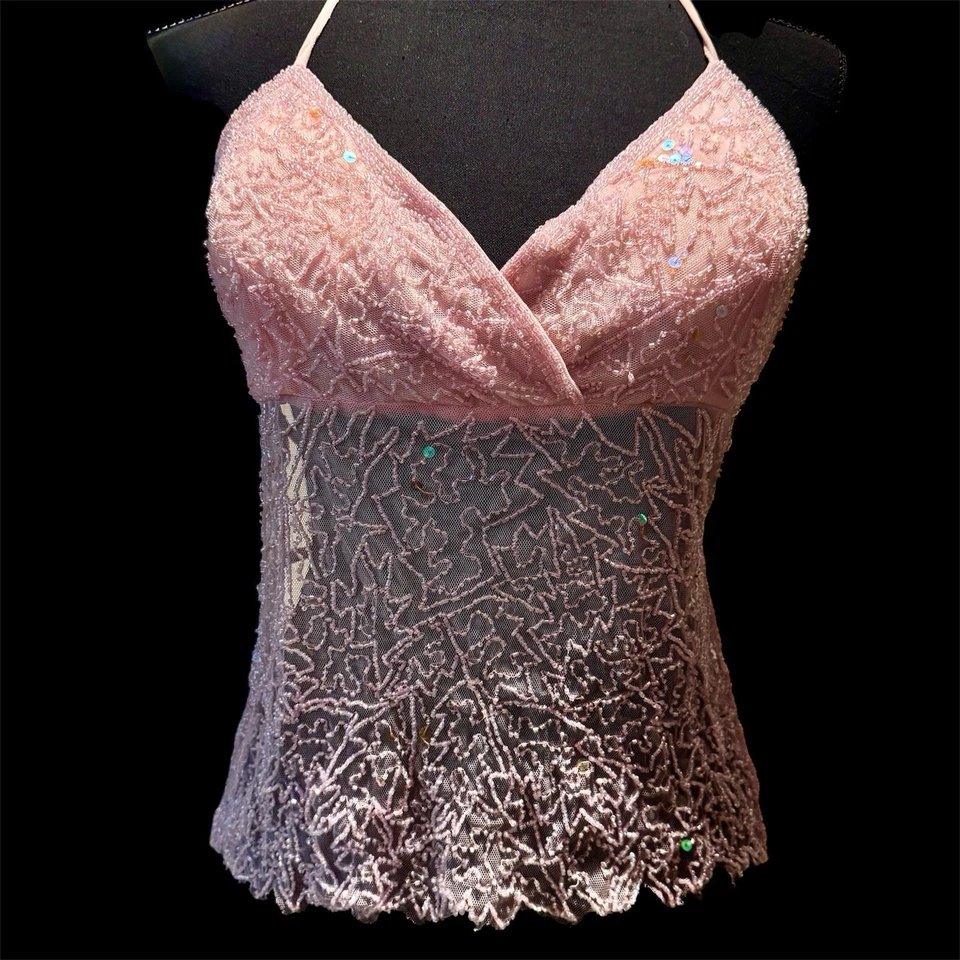 Винтажный Y2K фея бисером и блестками с бретелью через шею без спинки верхний мягкий розовый фестиваль sz S/M - Изображение 2 из 4