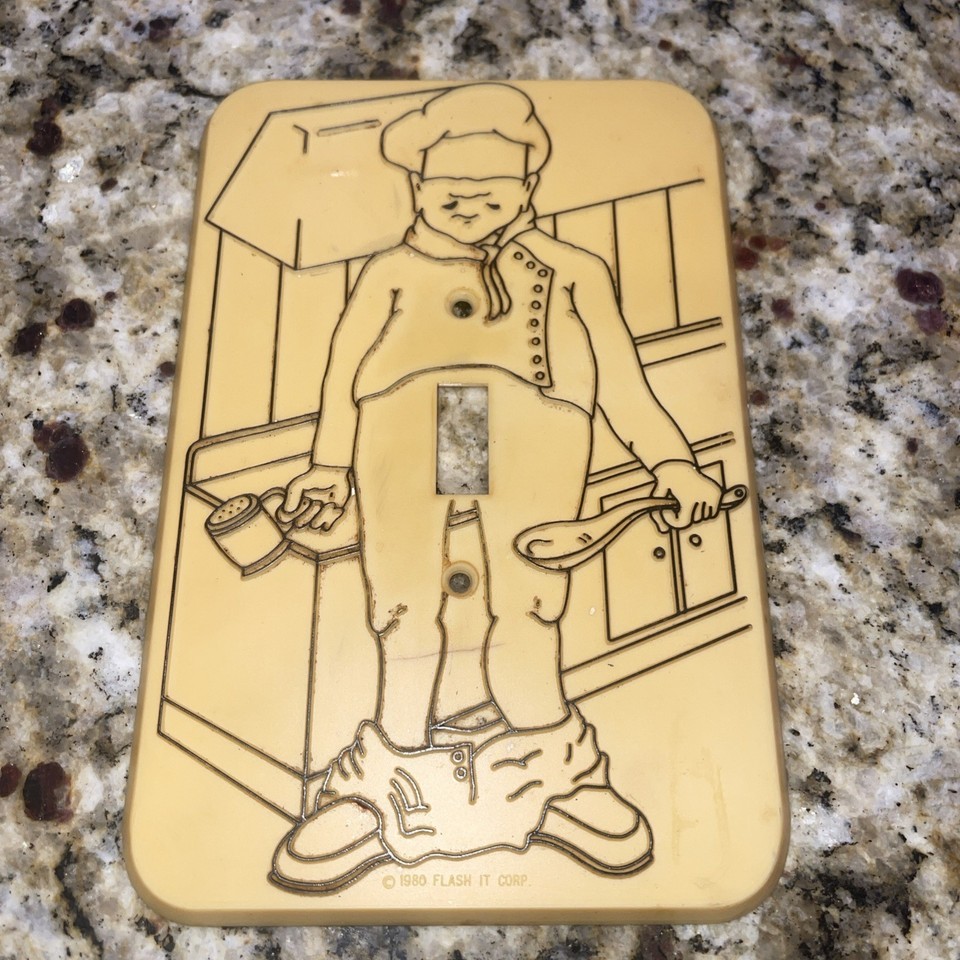 A genuine 1980 risqué novelty light switch plate from Miami — the kind of kitschy artifact that perfectly captures a very specific era of American humor.