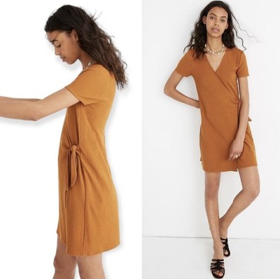 Madewell Texture & Thread Mini Dress Side Tie Faux Wrap burnt orange pecan XS 