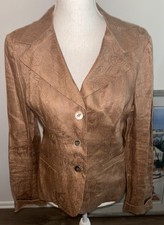 Anne Klein 100 Linen Tan Jacquard Peplum Smocked Back Blazer Size Medium