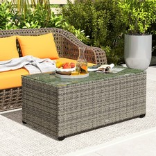 Garden 90 x 50cm Rattan Side Table, Glass Top Outdoor Coffee Table