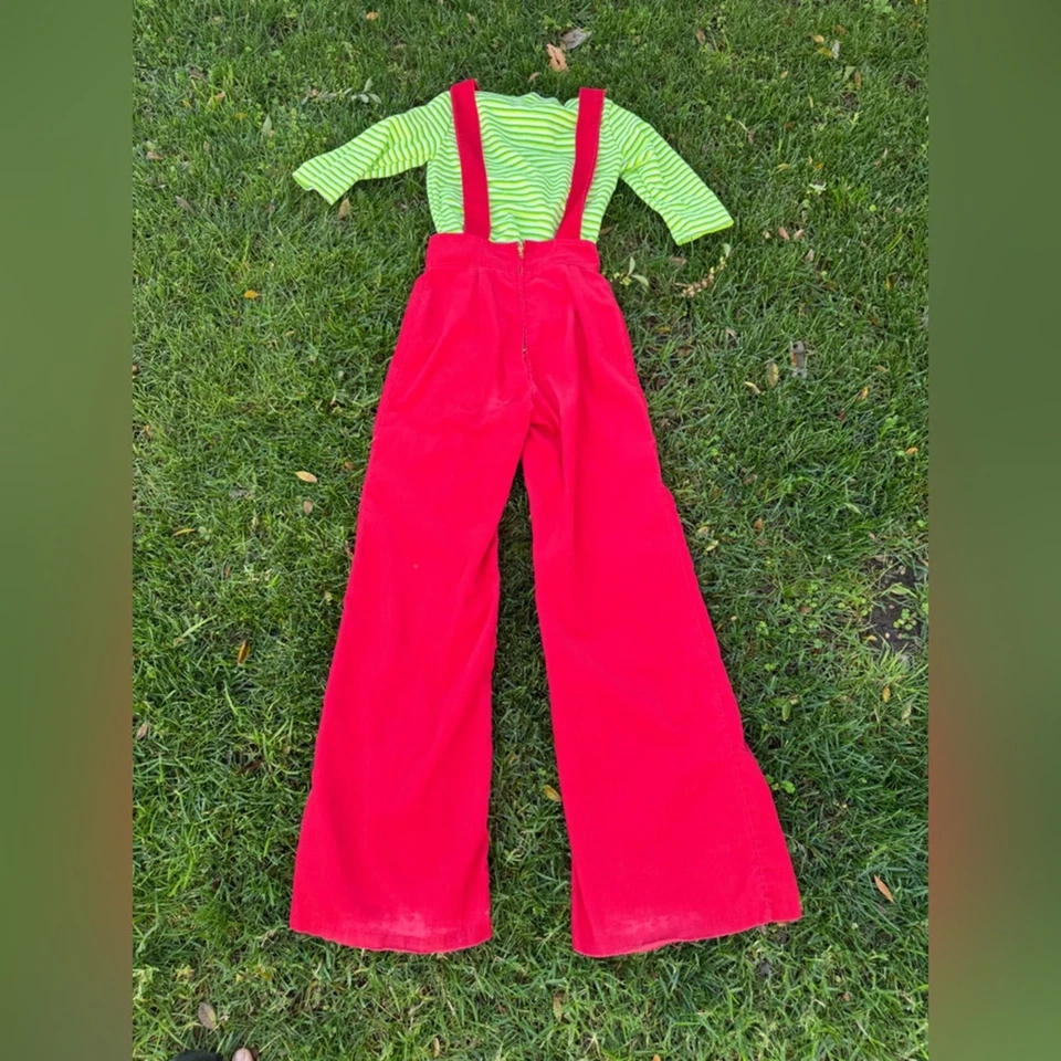 70s Vintage Red Corduroy Flared Overalls Sz Xs - Image 2 of 4