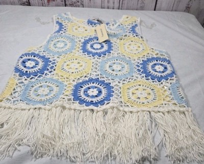 Francesca s Crochet Boho Festival Tank Fringe Hem Sleeveless Summer Top, Sz Sm