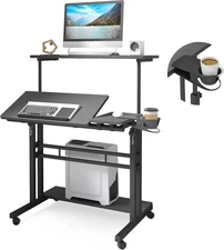 Mobile Standing Desk, Adjustable Rolling Computer Desk with 3 Desktops, Portable