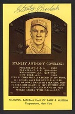 YELLOW HALL OF FAME POSTCARD STAN COVELESKI INDIANS SIGNED AUTOGRAPHED