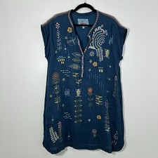 Johnny Was Biya Embroidered Linen Blue Mini Dress Size M