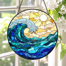 Stained Glass Window Hanging Sun Catcher 7.8 in, Ocean Wave Glass Panel Sunca...