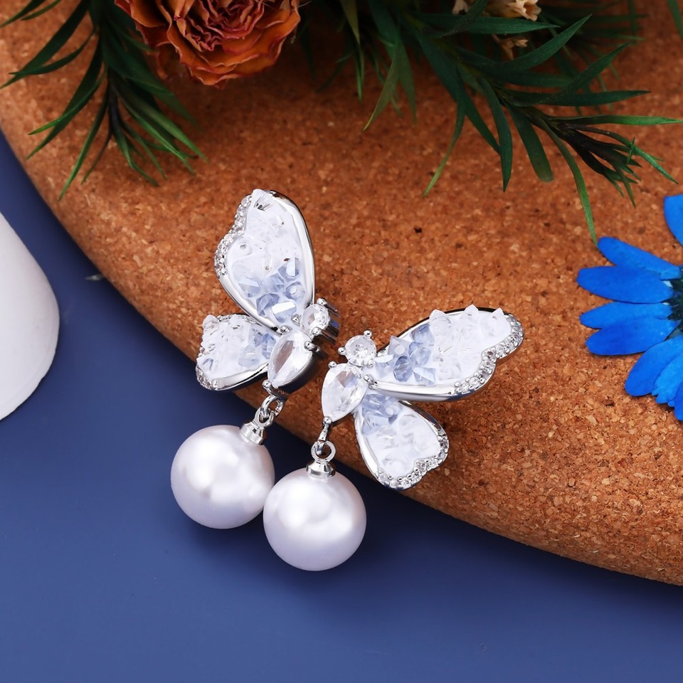 Butterfly Pearl Earring Teardrop Earrings for Women Dangle Hoop Big ...