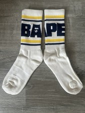    BAPE A Bathing Ape Striped Crew Socks   Cream/Blue/Yellow   Size Large   BNWT