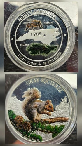 1 troy oz 0.999 Fine Colorized Silver North Carolina Grey Squirrel Round