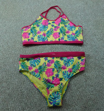 Lands End Swimsuit Girls Extra Large 14/16 Yellow Floral Two Piece Bikini Swim