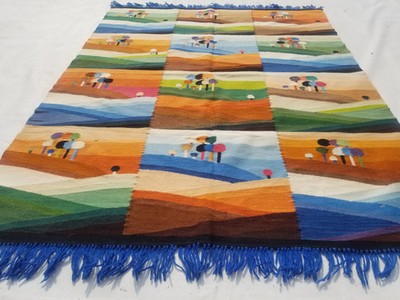 Vintage Traditional Handmade Ecuadorian Folk Art Wool Blue Kilim 5.7x4.4ft