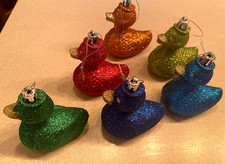 Lot of 6 Xmas Ornaments Glitter Multi color Rubber Duck Duckie Shatterproof