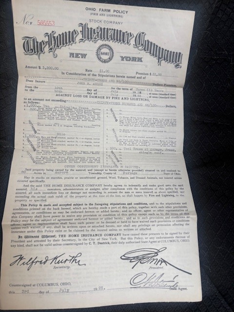 Vintage 1925 Ohio Farm Policy Home Insurance Co &Amp; .25 Check Stub Aurora Oh