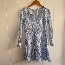 LOFT Floral Tie Neck Swing Dress Ruffle Trim Spring Cottage Core Garden Sz Med