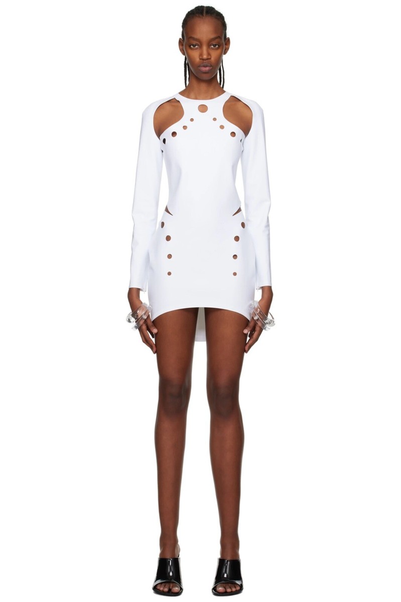 Jean Paul Gaultier Perforated Long Sleeve Mini Dress White