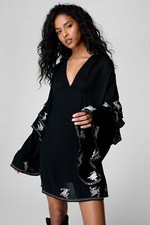 Nasty Gal Crinkle Embroidered Ruffle Sleeve Plunge Tunic Dress UK 6