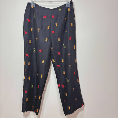 VTG Silk Linen Pants Women 8 Black Embroidered Elephant Pineapple Whimsical 