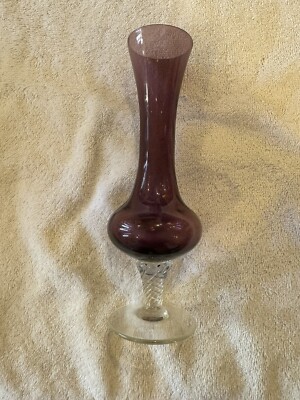 Vintage Amethyst Glass Bud Vase with Clear Base. 8 