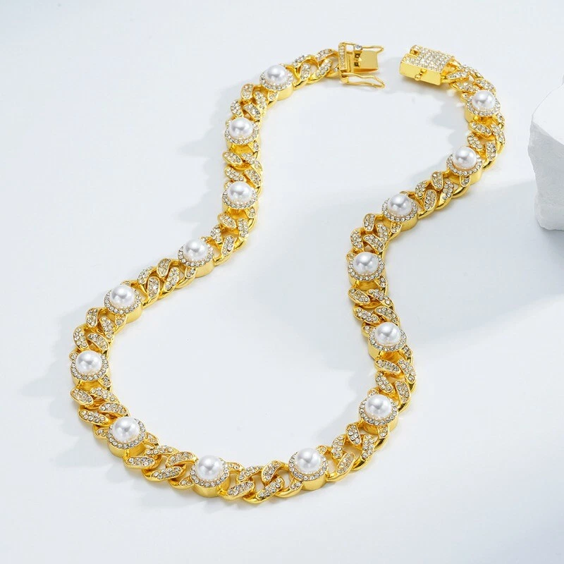 Big Pearl Diamonds Necklace Stainless Steel Hip Hop Fashion Men Cuban Chain New - Image 3 of 4