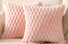 Pair 16x16 PINK FAUX FUR HONEYCOMB GEOMETRIC PLUSH PILLOW COVERS (M47)