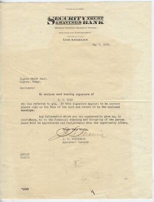1926 LETTERHEAD LOS ANGELES, CALIFORNIA, SECURITY TRUST AND SAVINGS BANK