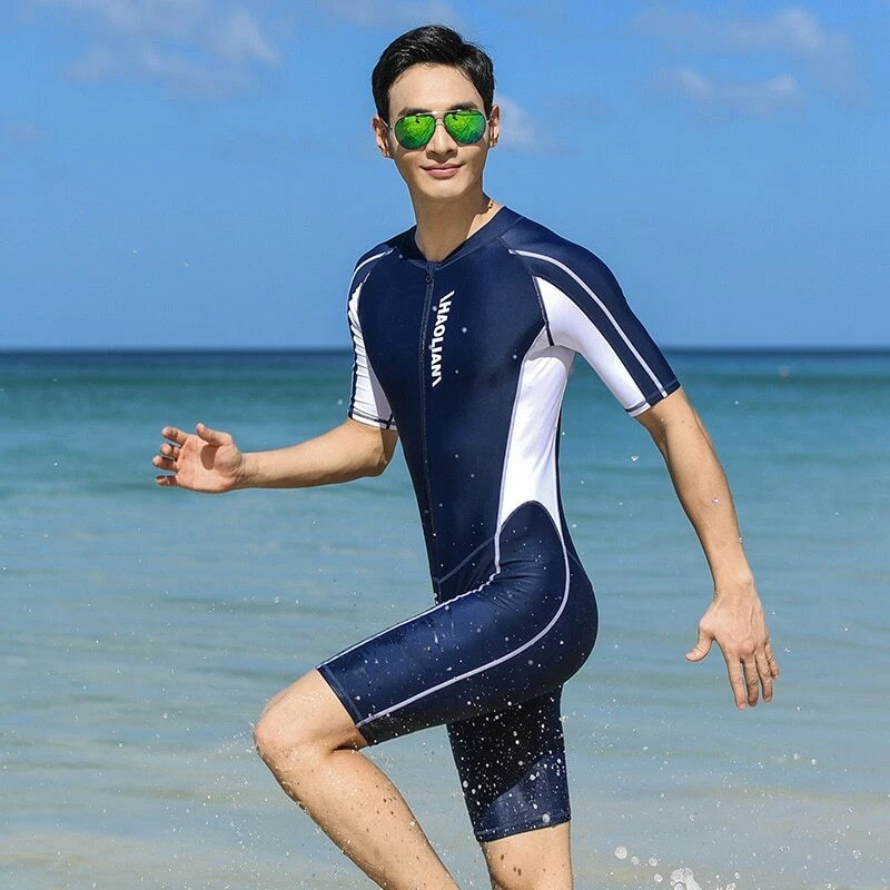Men Plus Short Sleeve One Piece Swimsuit Rash Guard Zipper Surfing Dive Skin - Image 4 of 4