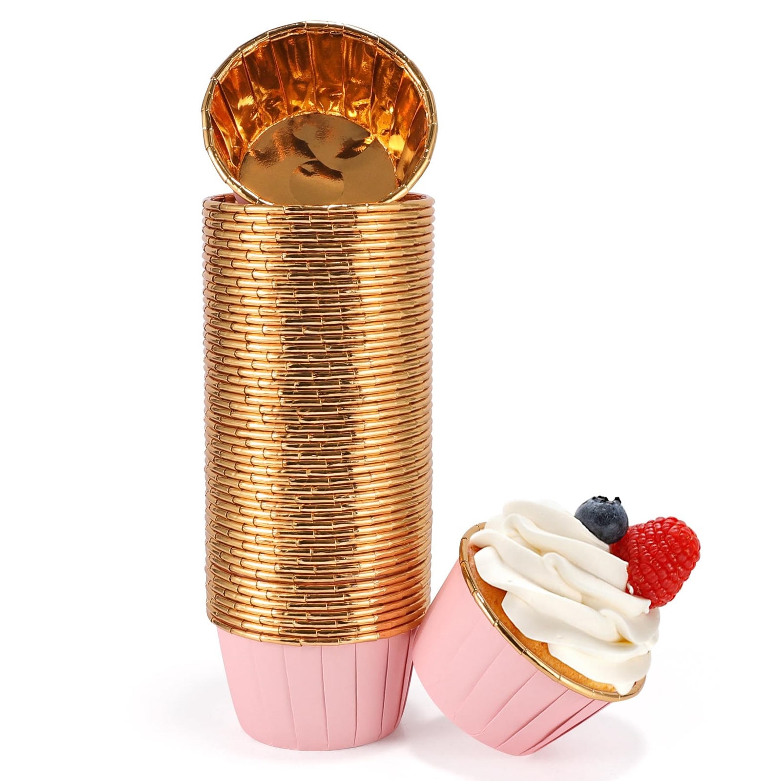 Pink and Gold Foil Cupcake Liners 100 pcs Disposable Muffin Wrappers 3.5 Oz