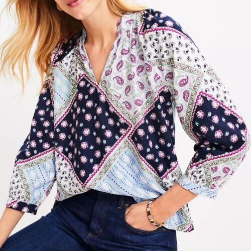 Loft Linen Blend V-Neck Long Sleeve Patchwork Paisley Top Sz XL Boho Cottage