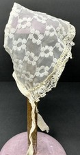 Vintage Antique Sheer Small Off White Doll Bonnet Hat with Lace Trim