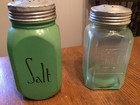 TWO VTG Jadite Fired and Green Uranium Glass Hazel Atlas Embossed Salt Shaker — photo 6
