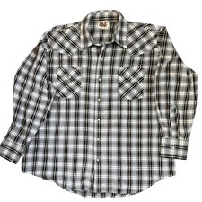 Vtg Ely Cattleman Pearl Snap Cowboy Shirt Xl Black White Yellow Check