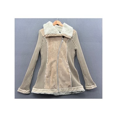Venus Jacket Womens Tan Faux Suede Ribbed Knit Mixed Media Faux Fur Trim Large