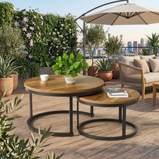 Round Nesting Coffee Table Set of 2 Industrial Side Tables Wood Metal Furniture