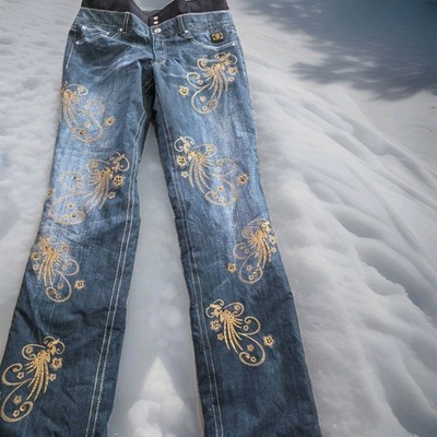 BOGNER Women's Size 8 Y2K Denim Look Embroidered & Embellished Ski Pants EUC