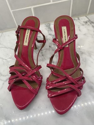 ZARA Woman Size 39 US 8 Fuchsia Strappy High Heel Sandals Patent-Efect