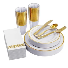 175 Count Gold Dinnerware Set for 25 Guests - Gold Rimmed White Disposable Pl...